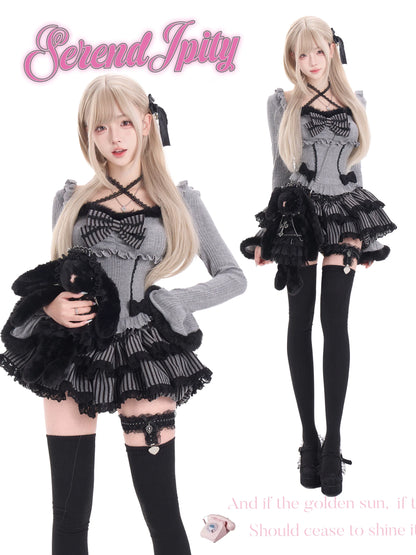 Two identical outfits worn by a person with long blonde hair, featuring a gray and black dress with ruffles and knee-high black stockings.