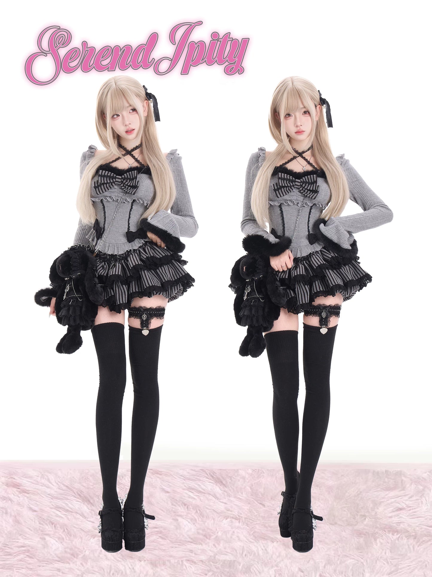 Two identical outfits worn by a person on a white background