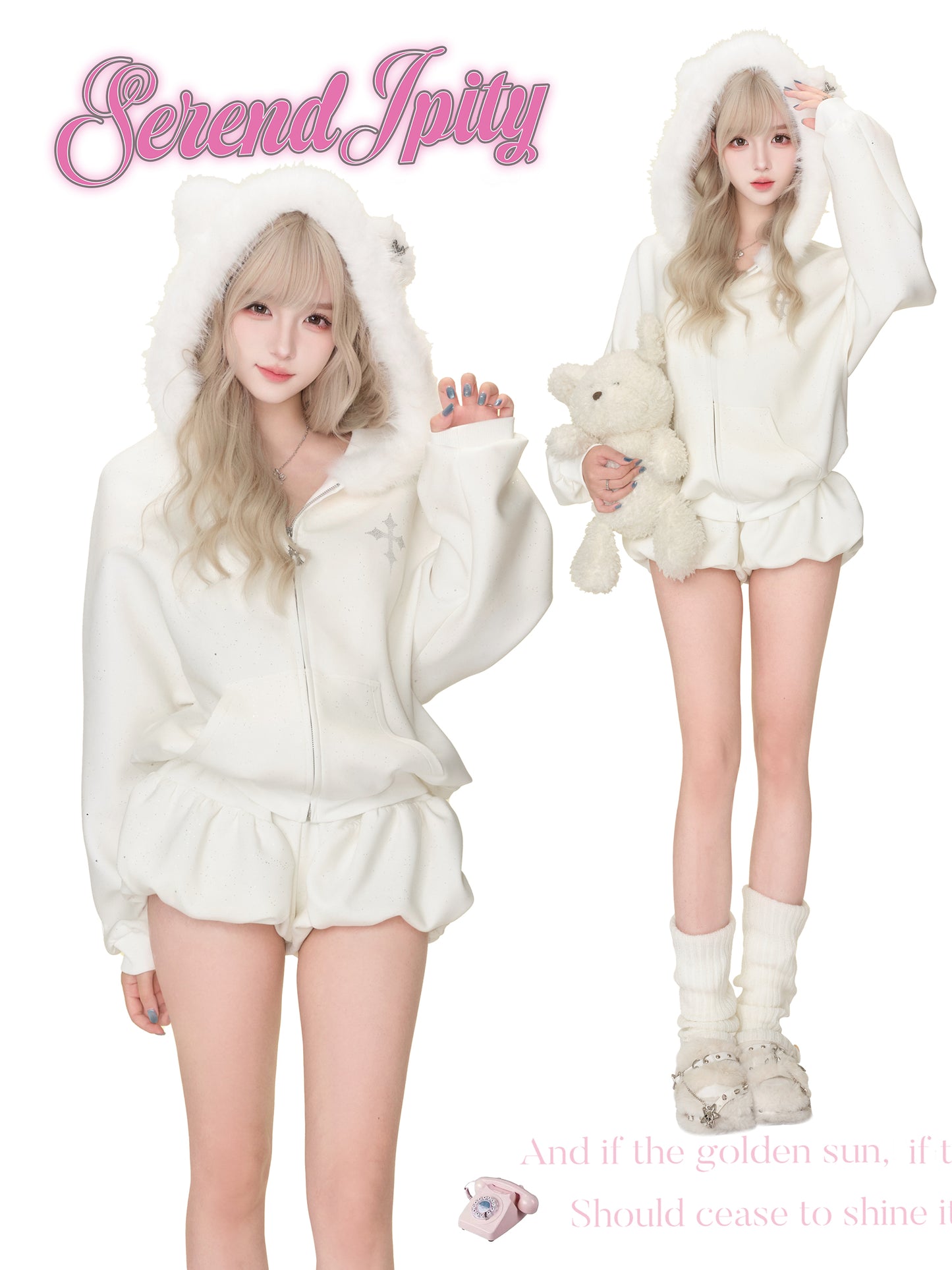 Two people wearing white hoodies with fluffy textures, one holding a teddy bear, on a white background with 'Serendipity' branding.