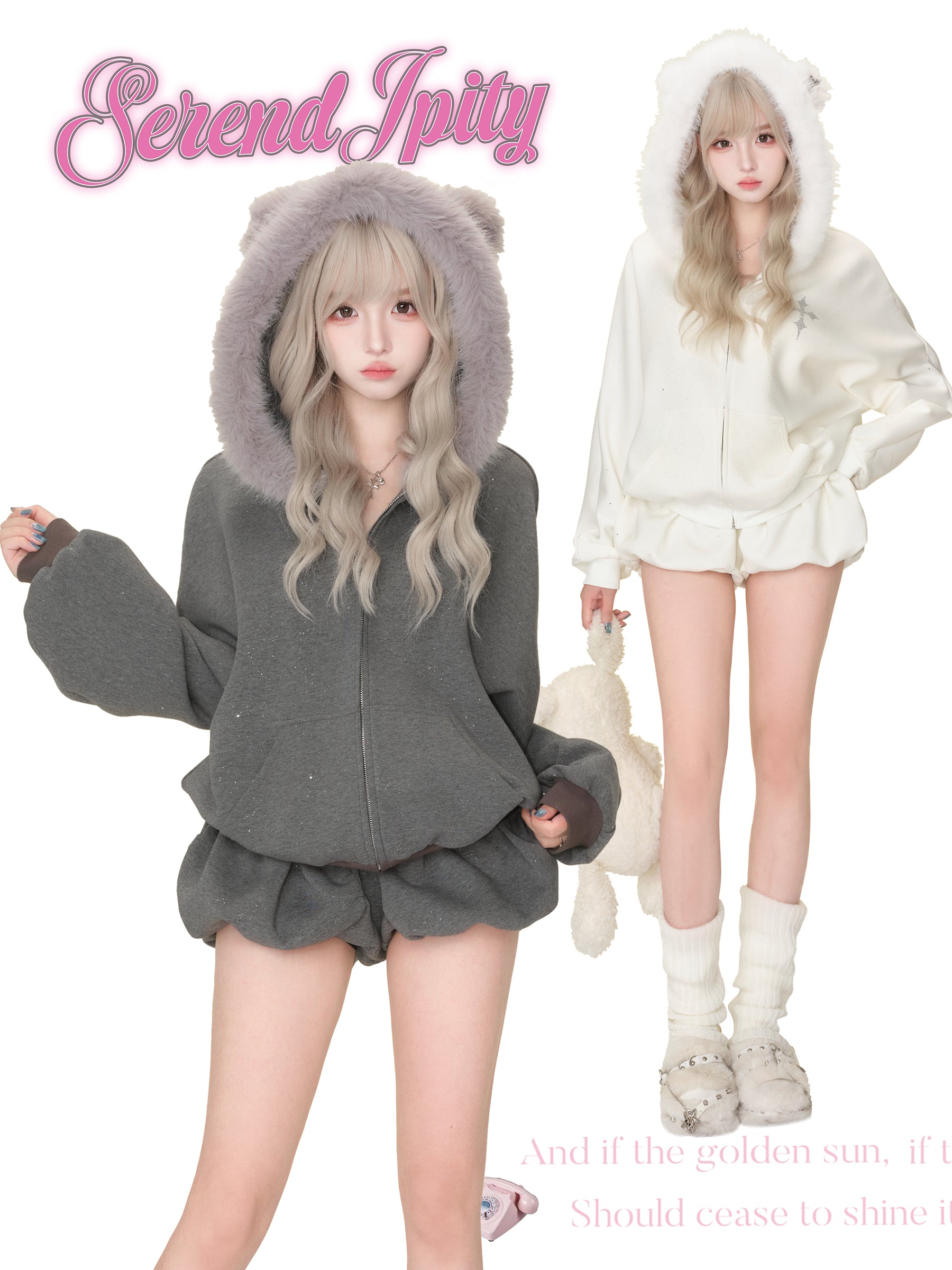 Two people wearing fluffy hoodies with the brand 'Serendipity' displayed.