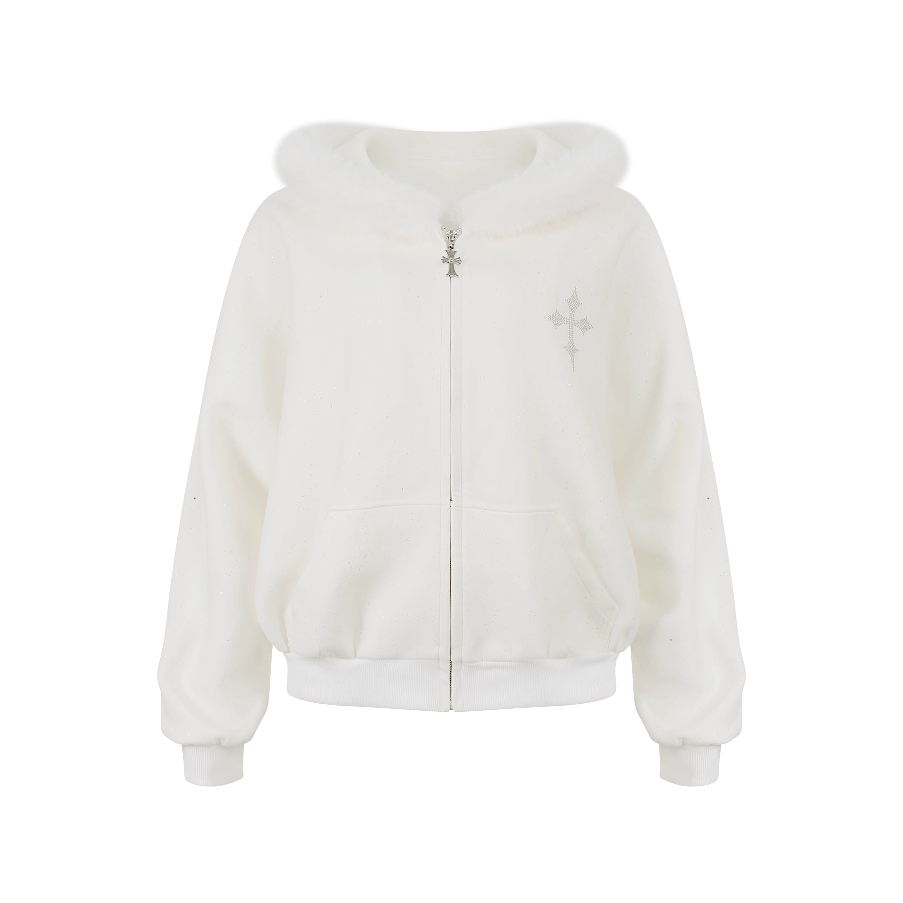 White fleece jacket with a zipper on a white background