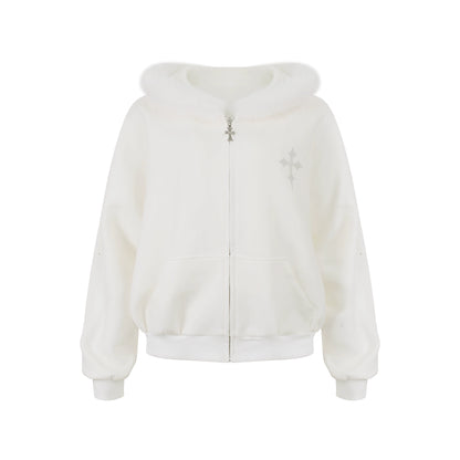 White fleece jacket with a zipper on a white background