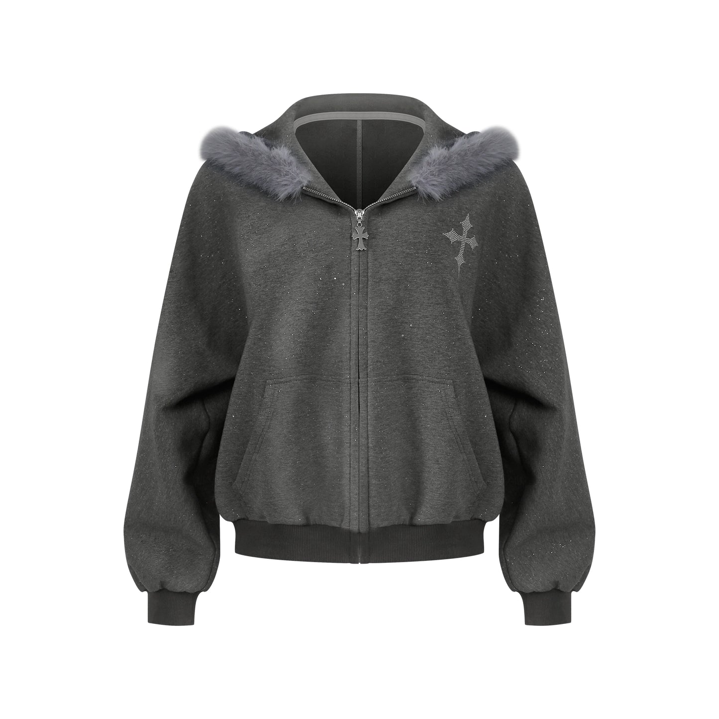 Dark gray hoodie with fur-lined hood on a white background