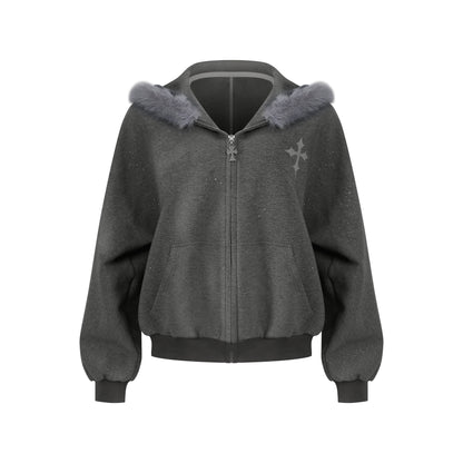 Dark gray hoodie with fur-lined hood on a white background