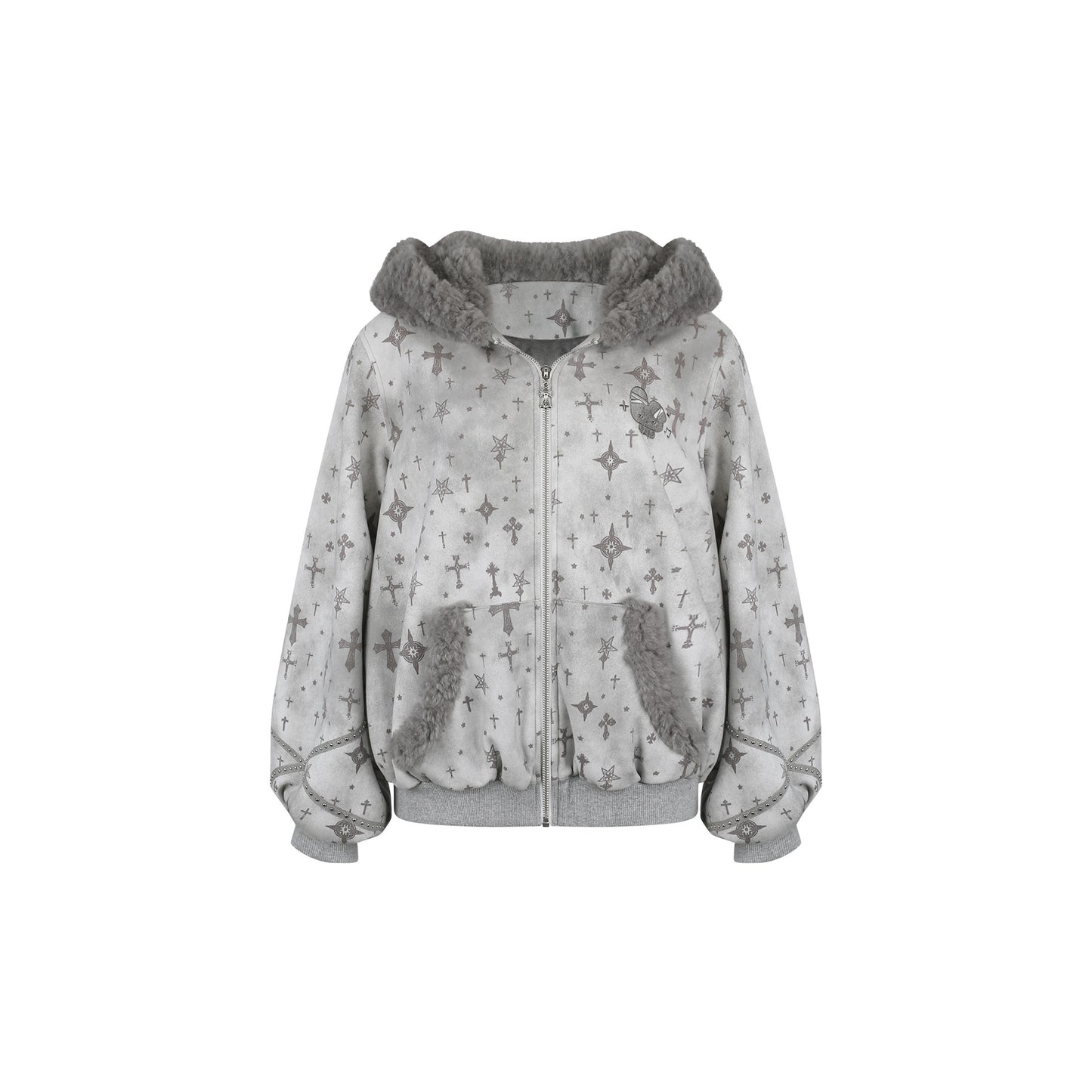 Gray fleece jacket with star pattern on a white background