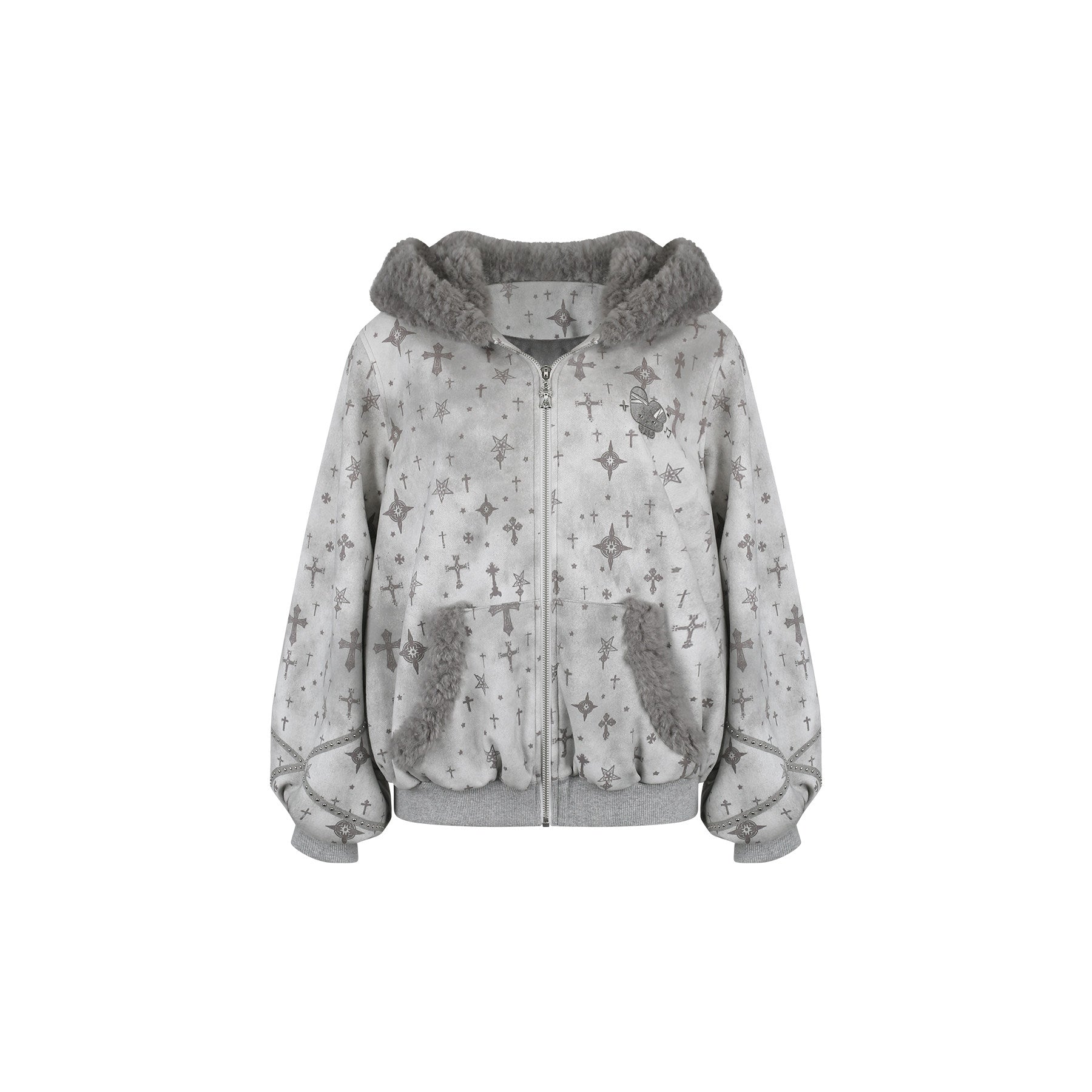 Gray fleece jacket with star pattern on a white background