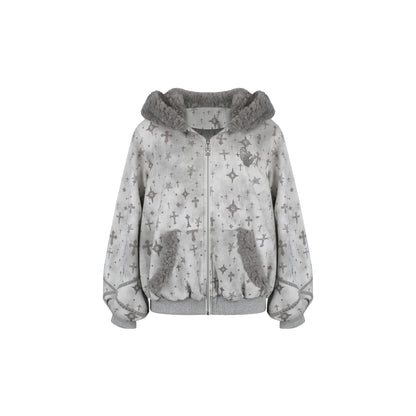 Gray fleece jacket with star pattern on a white background
