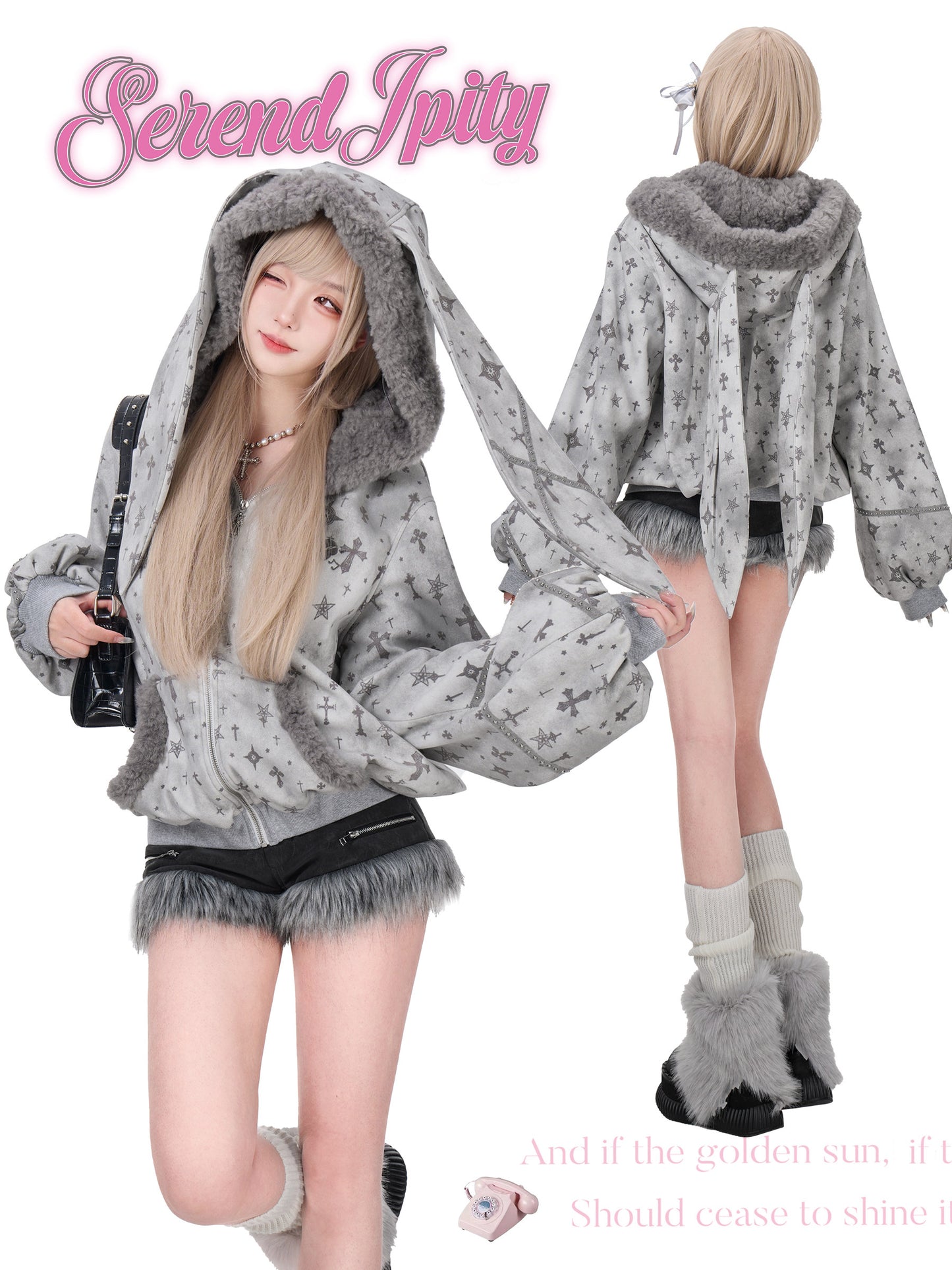 Person wearing a gray hoodie with fur trim, shown from front and back