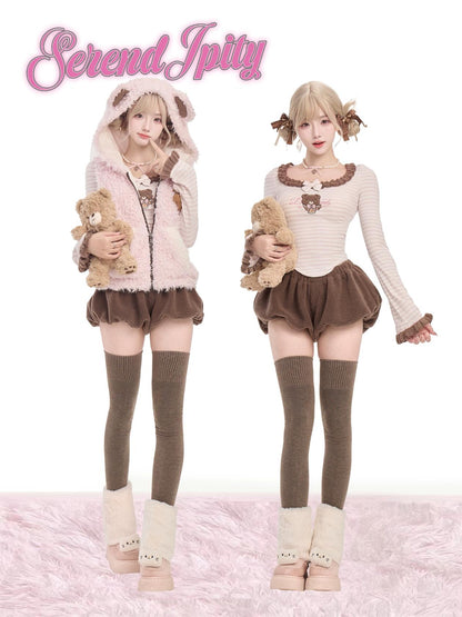 Serendipity Strawberry Chocolate Bear Hoodie Sweater Shorts Three Piece Set