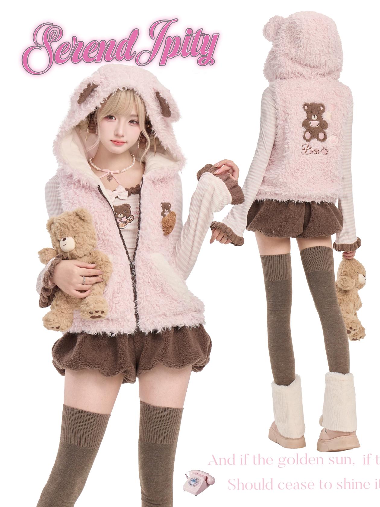 Serendipity Strawberry Chocolate Bear Hoodie Sweater Shorts Three Piece Set