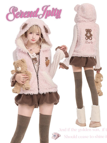 Serendipity Strawberry Chocolate Bear Hoodie Sweater Shorts Three Piece Set