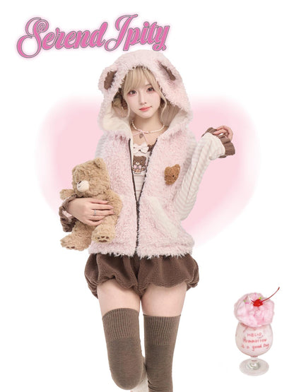 Serendipity Strawberry Chocolate Bear Hoodie Sweater Shorts Three Piece Set