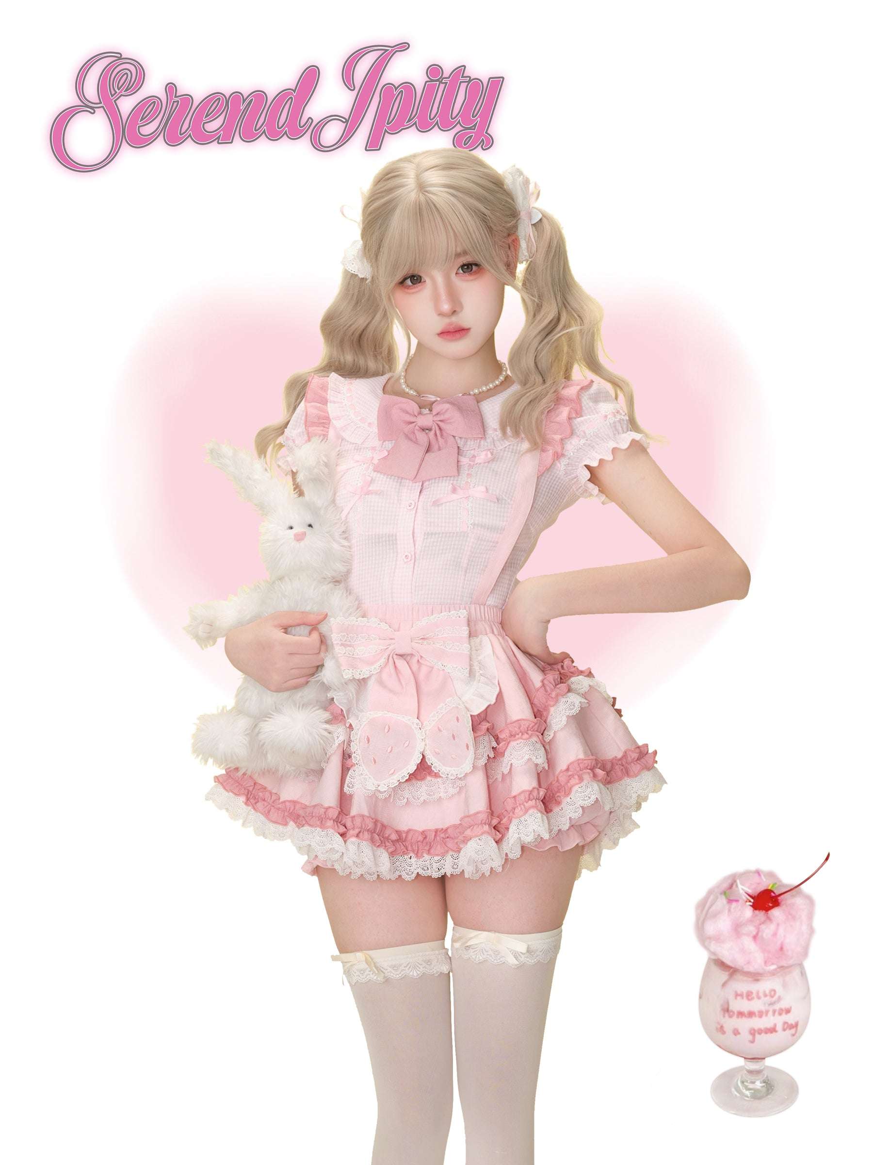 sweet two-piece set with strawberry bow suspender skirt and plaid blouse