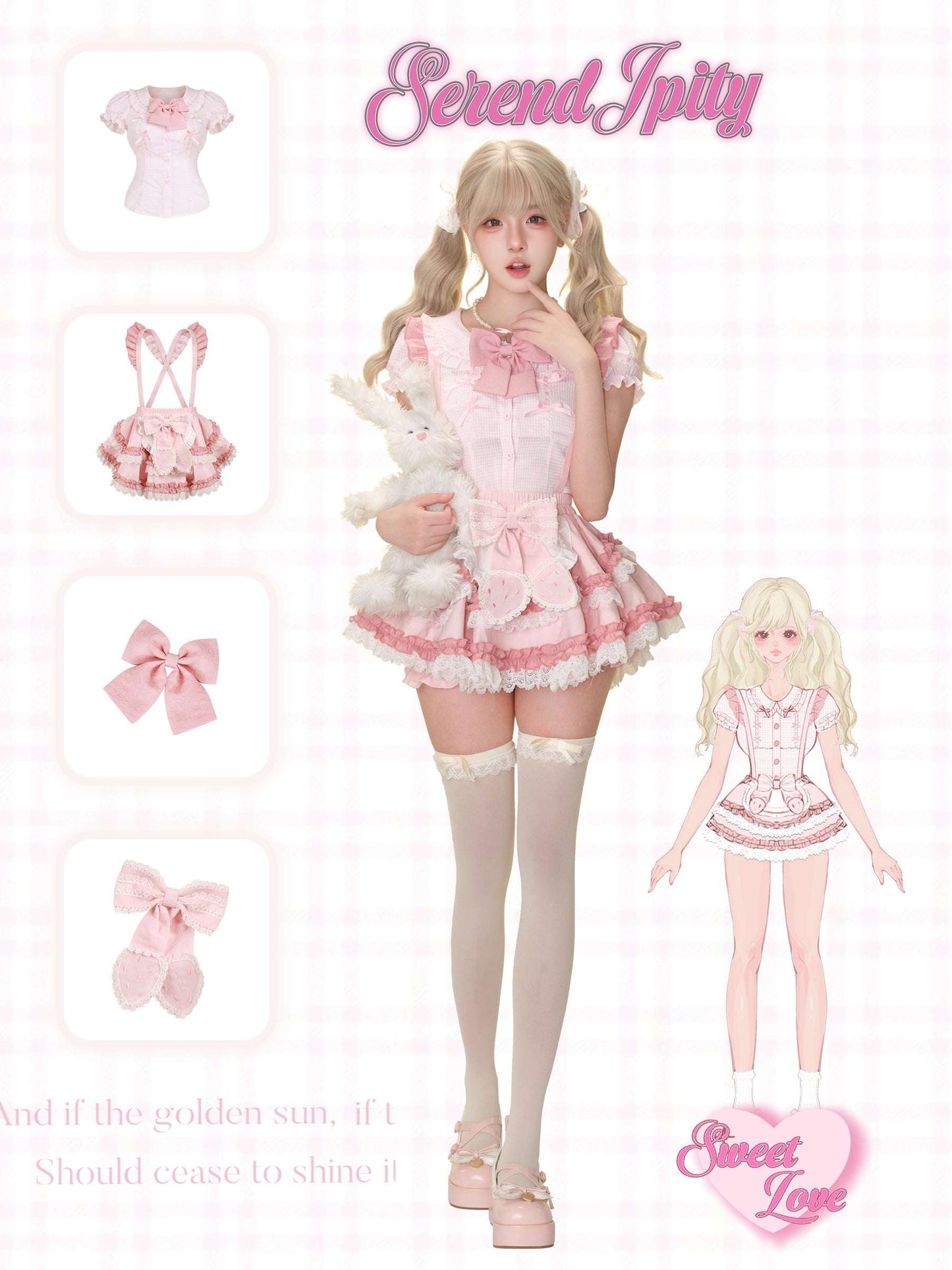 close-up of cute strawberry bow on suspender skirt with plaid blouse