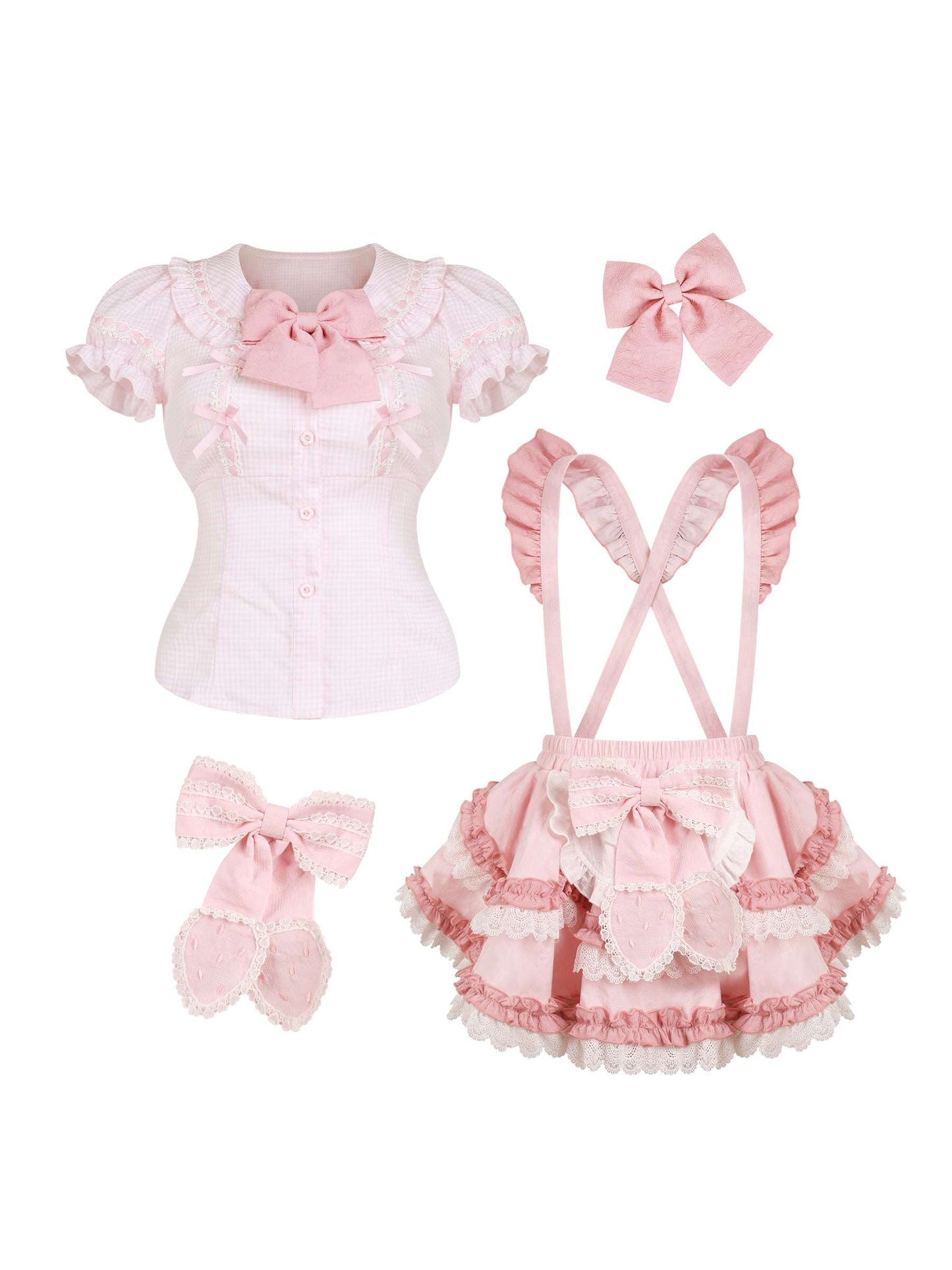 Pink ruffled outfit set with top, skirt, bows on a white background