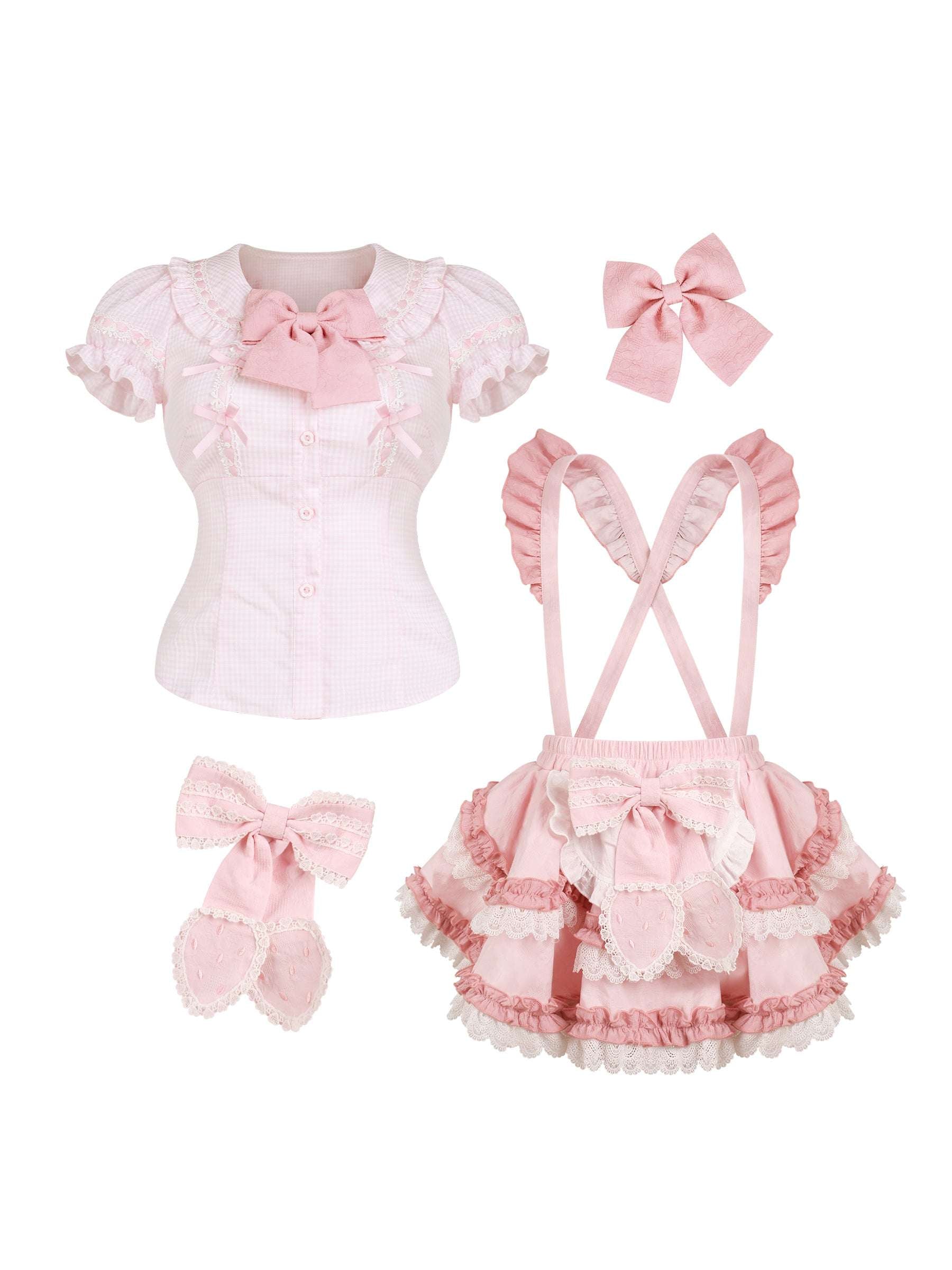 Pink ruffled outfit set with top, skirt, bows on a white background