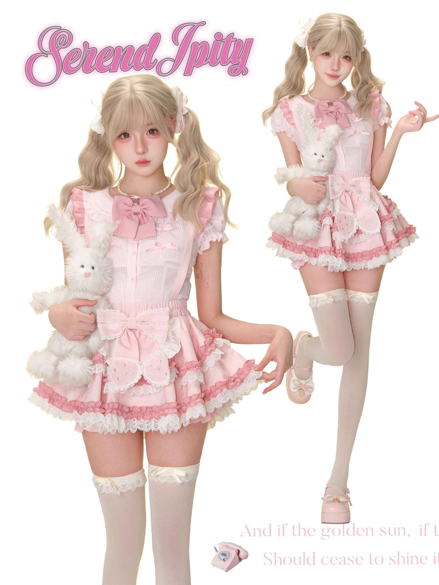 pink blouse with plaid pattern, bows, and flower buttons