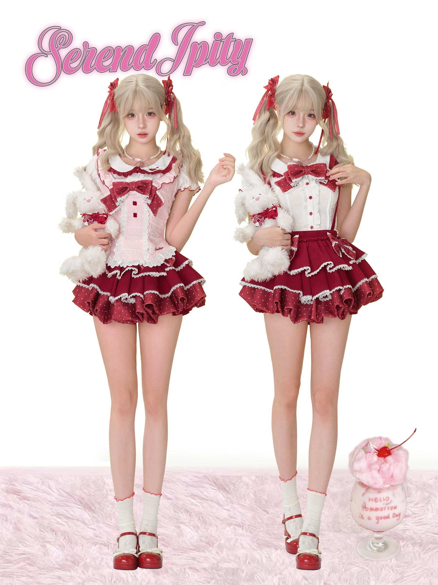 white puff-sleeve shirt with strawberry embroidery and flower buttons