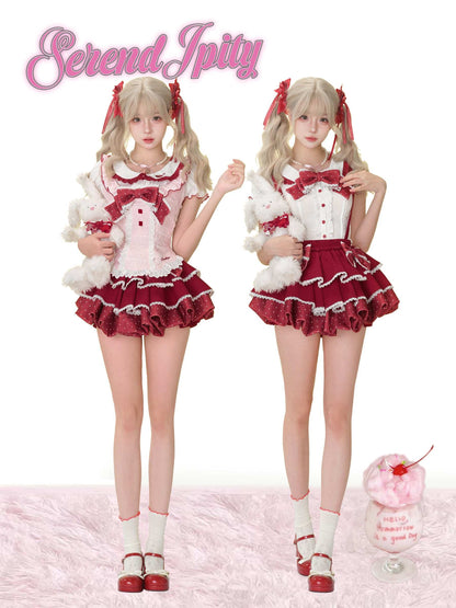 white puff-sleeve shirt with strawberry embroidery and flower buttons