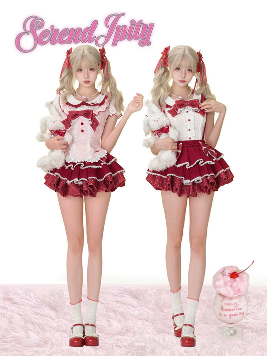 white puff-sleeve shirt with strawberry embroidery and flower buttons