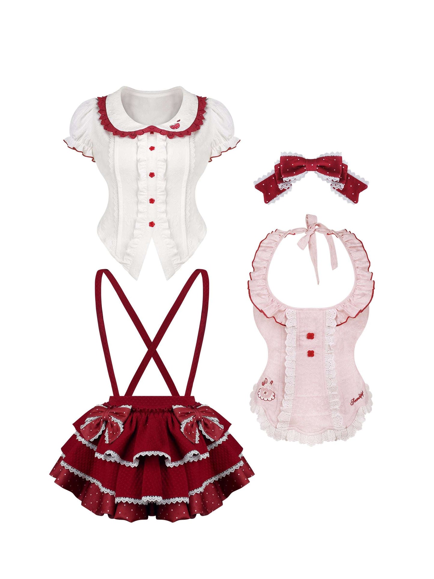 Set of white blouse with red trim, red skirt with straps, pink apron, and red bow on a white background