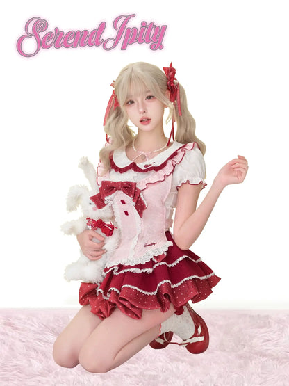 three-piece set with strawberry-embroidered shirt, pink vest, and red skirt