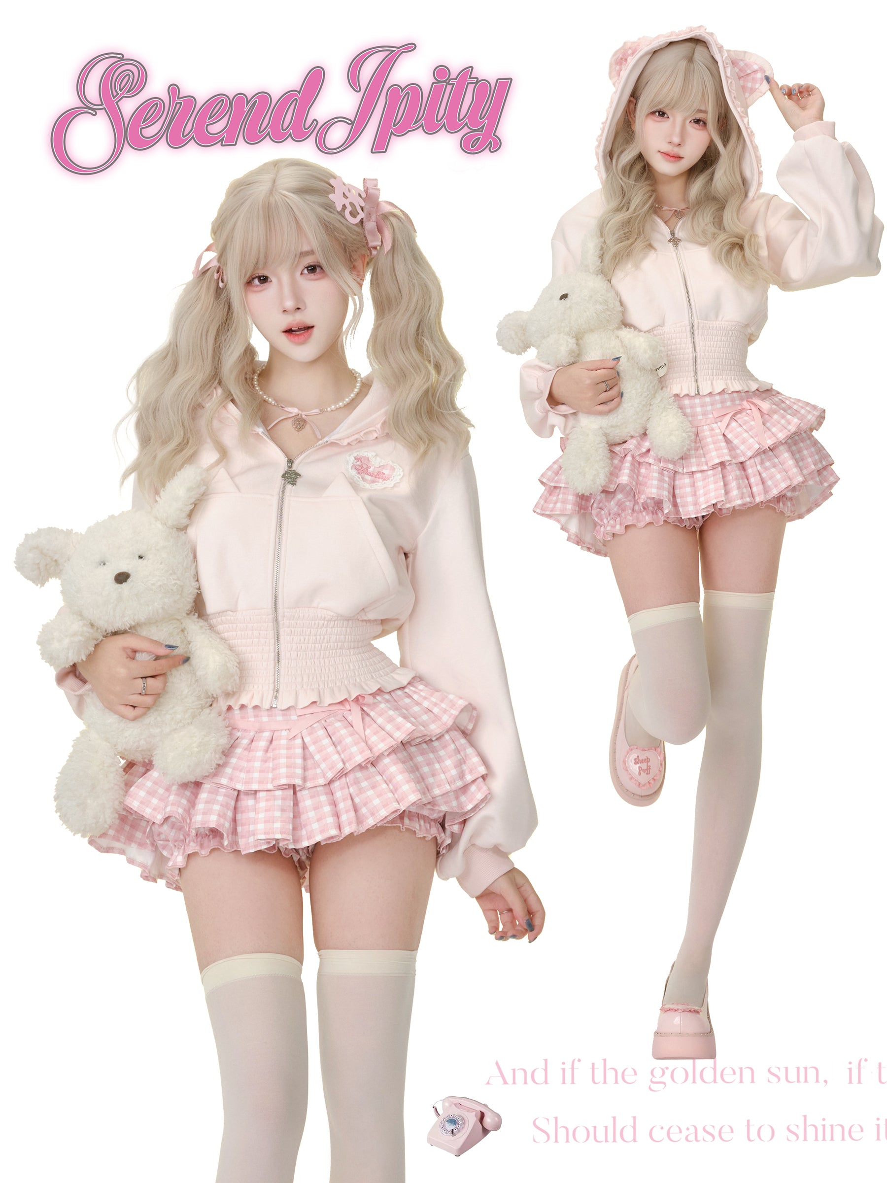 Two people in pastel outfits with teddy bears, wearing 'Serendipity' branded clothing.