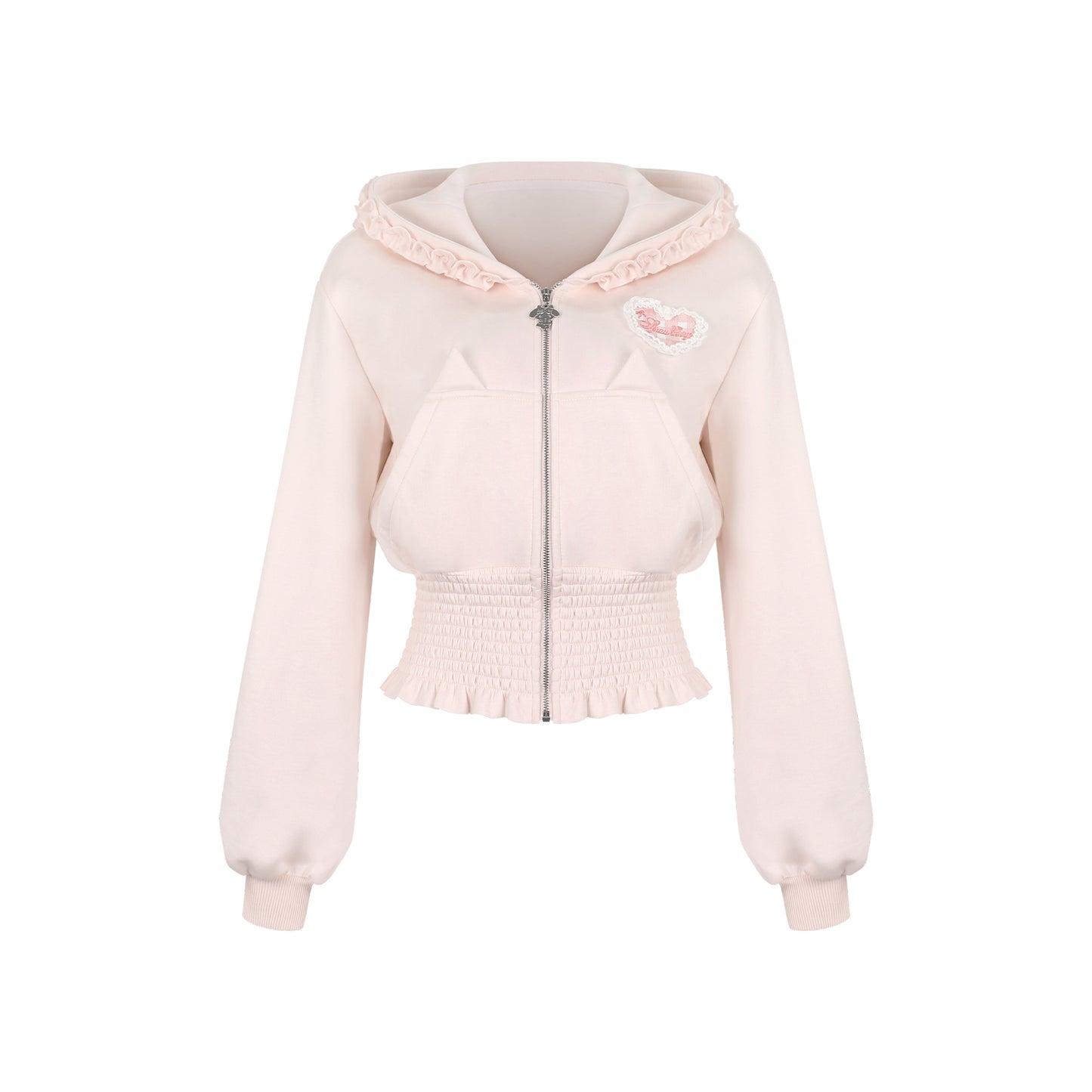 Light pink hoodie with lace details on a white background