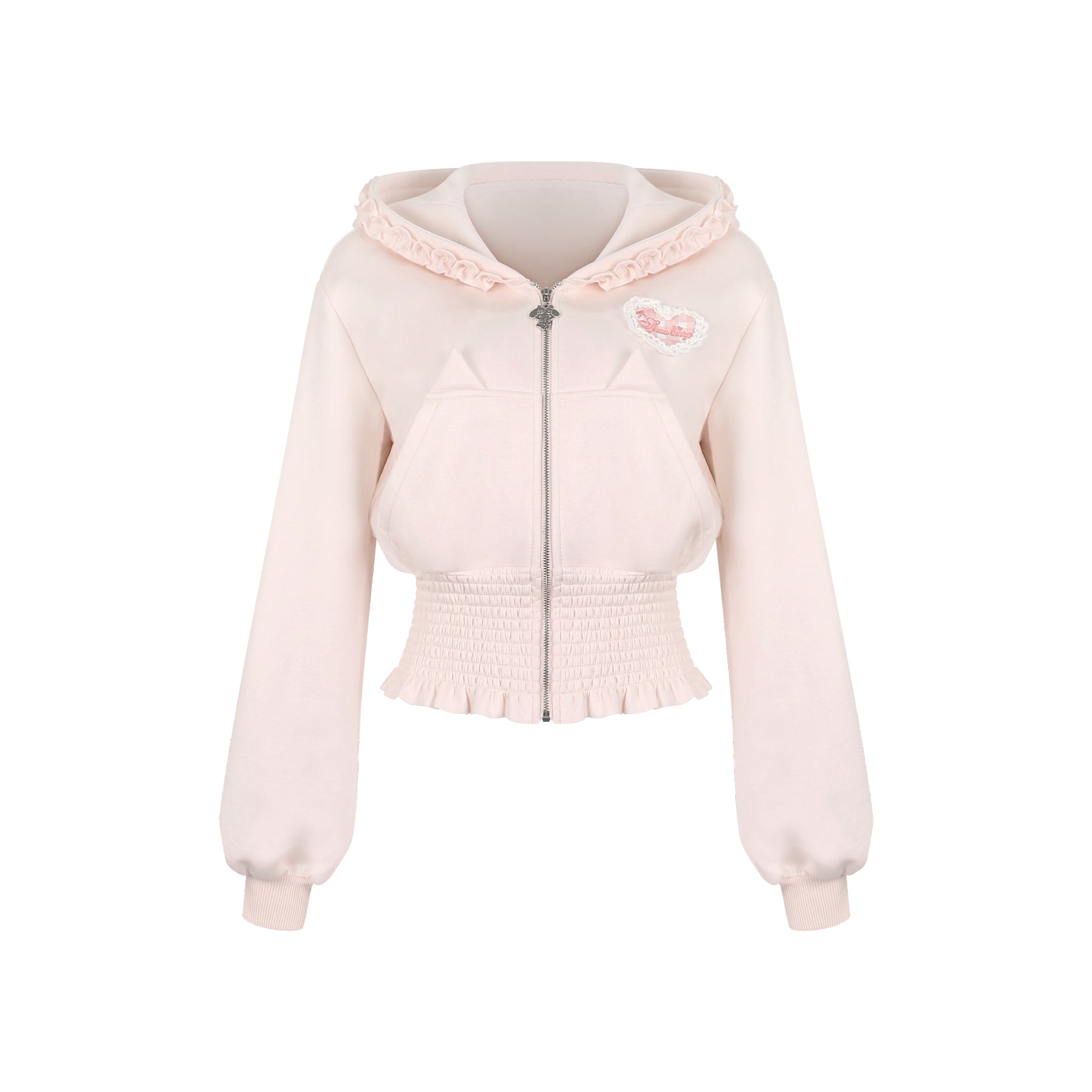 Light pink hoodie with lace details on a white background