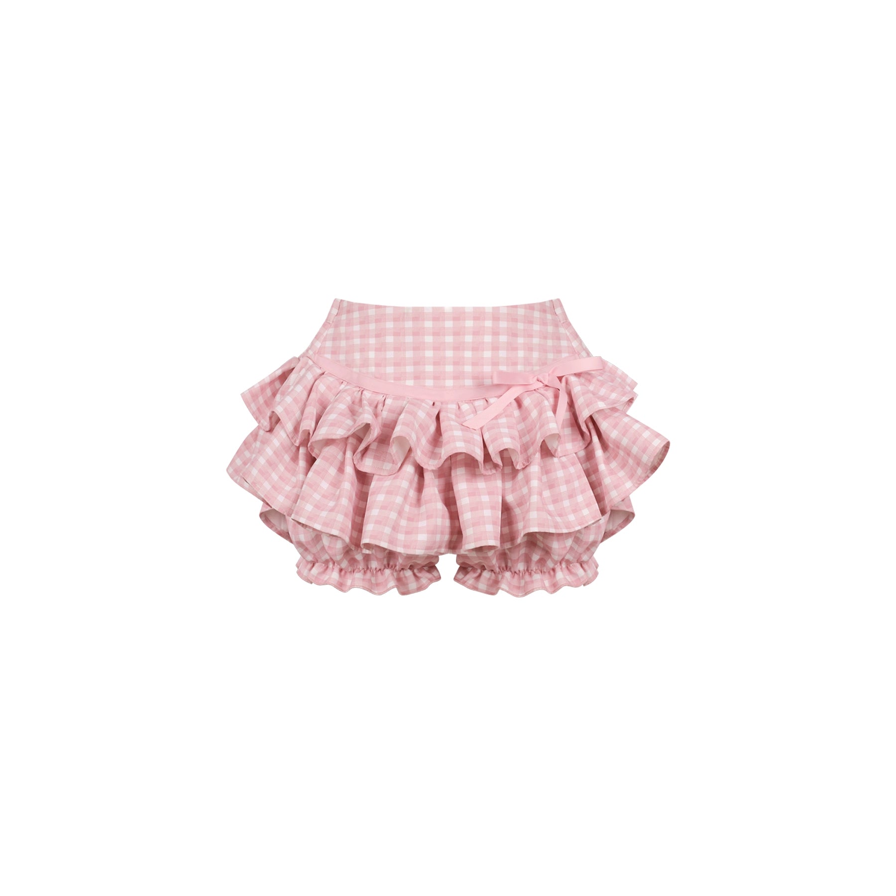 Pink checkered ruffled bloomers on a white background