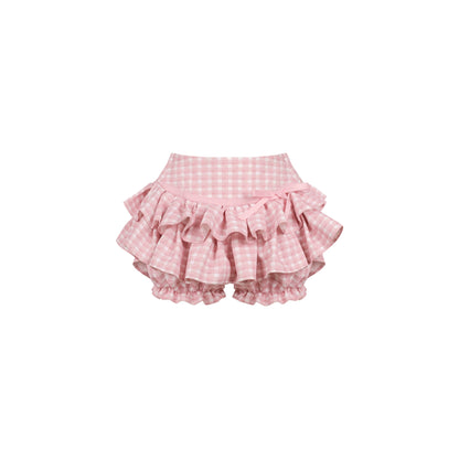 Pink checkered ruffled bloomers on a white background