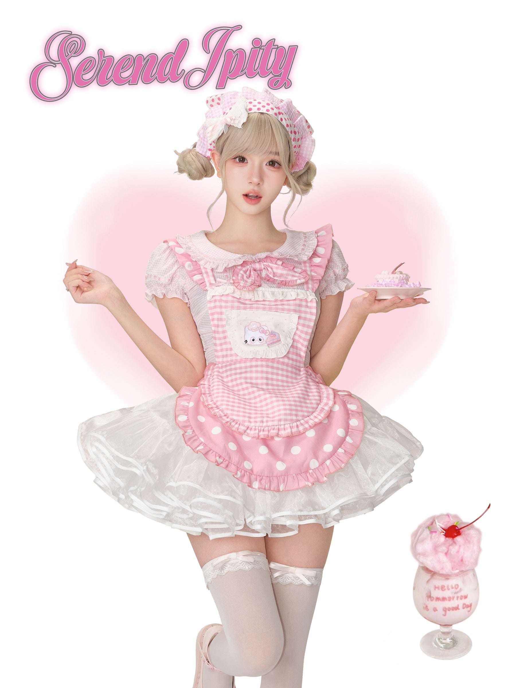 pink gingham apron skirt with cat and cake pattern, paired with white petticoat