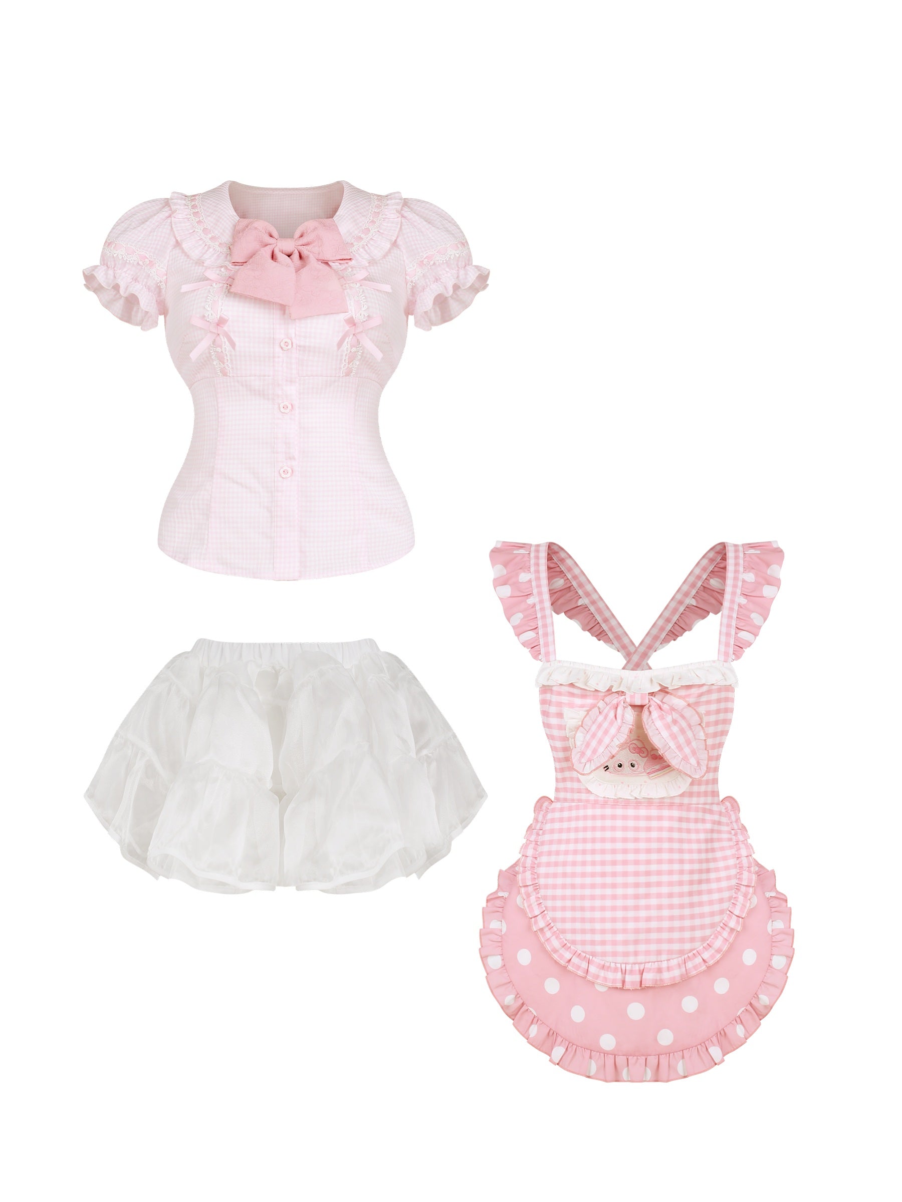 Set of pink and white clothing including a top, skirt, and apron on a white background.