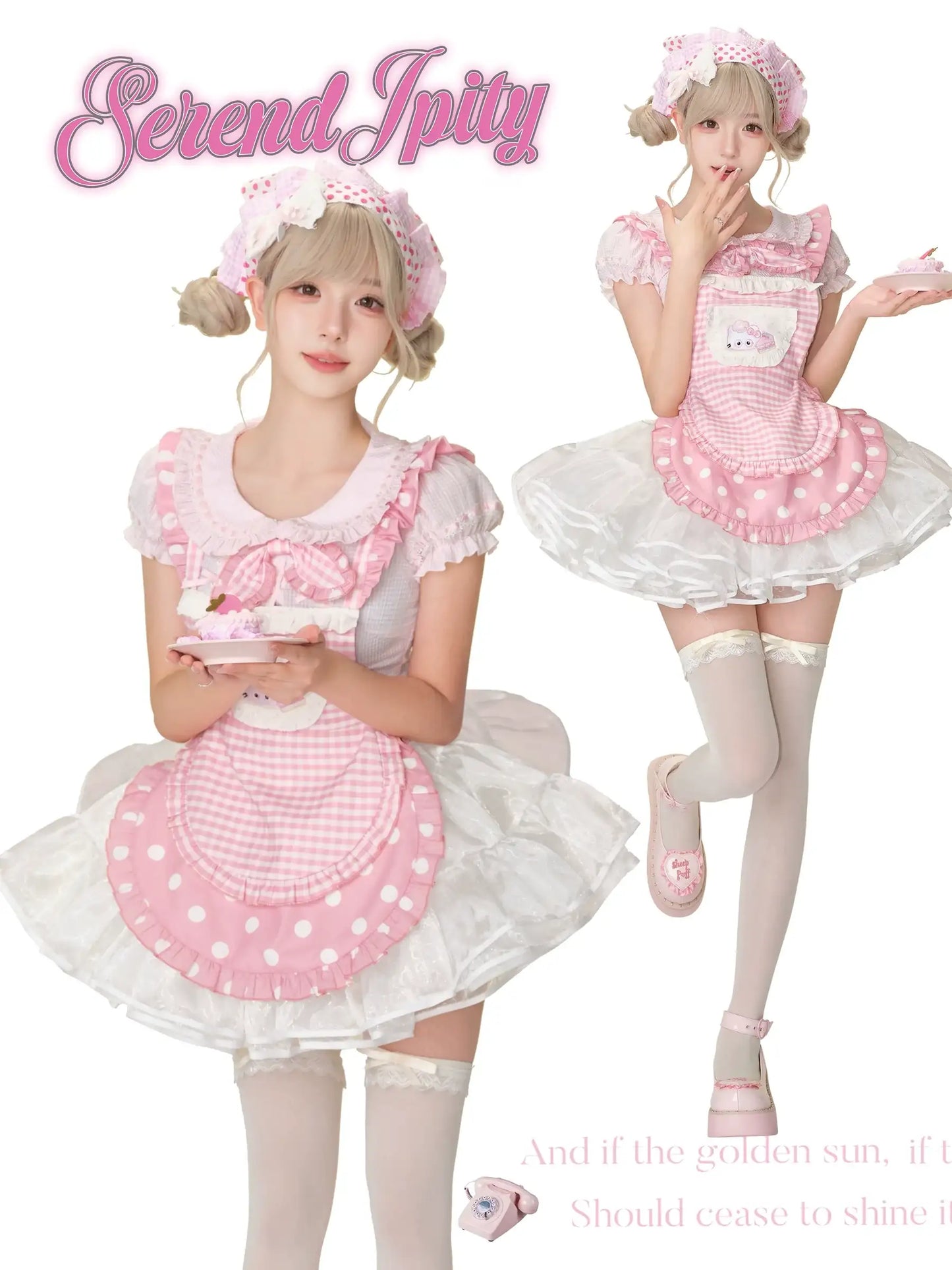 three-piece set with cute pink blouse, gingham apron skirt, and fluffy petticoat