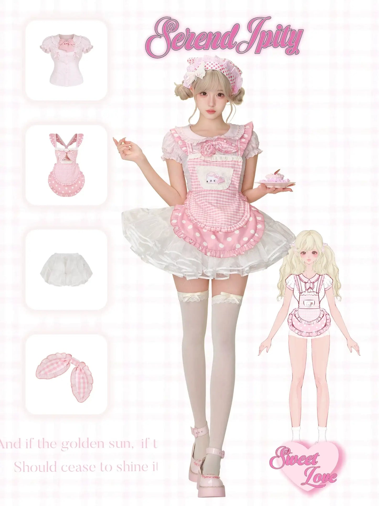 close-up of pink gingham apron skirt with playful cat and cake design