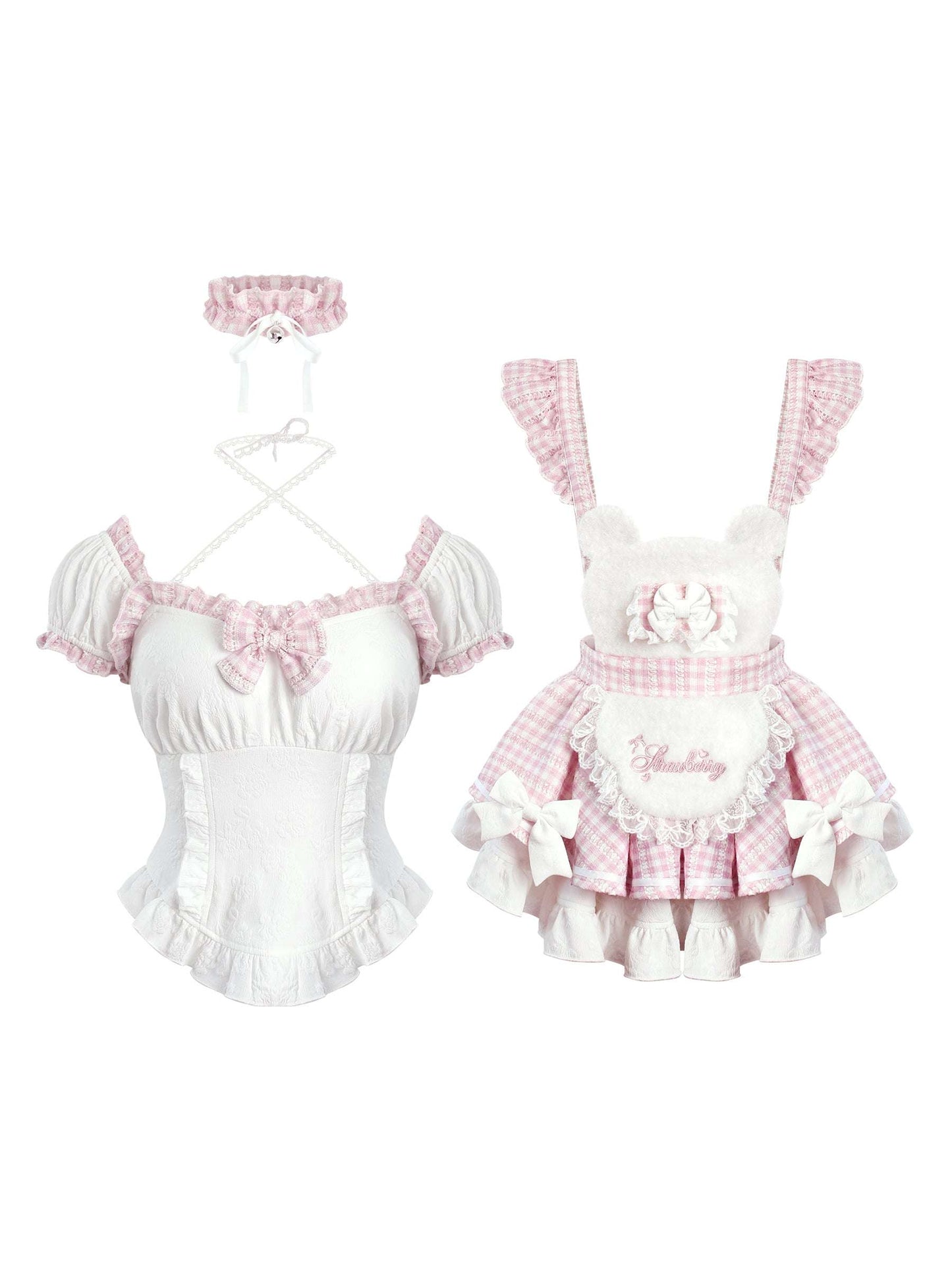 Lolita fashion outfit with top and skirt on a white background