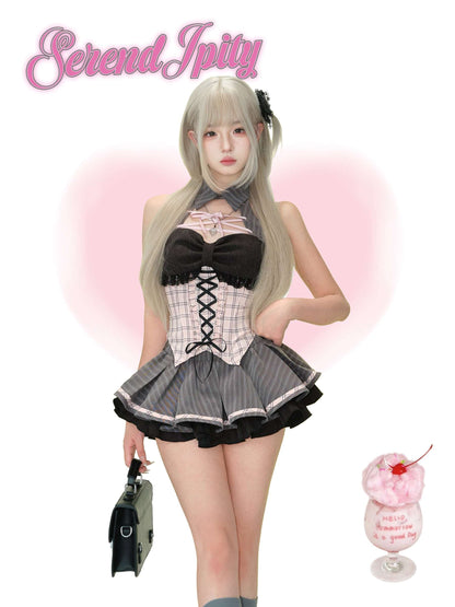 Person wearing a black and pink outfit, holding a small bag, on a pink gradient background