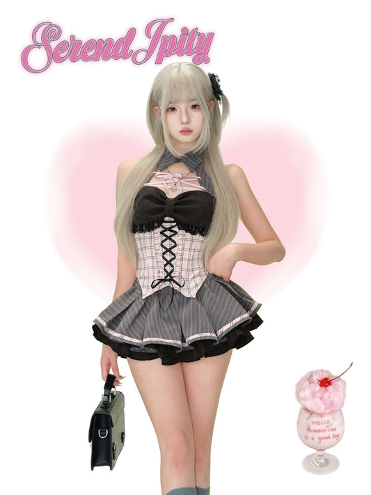 Person wearing a black and pink outfit, holding a small bag, on a pink gradient background