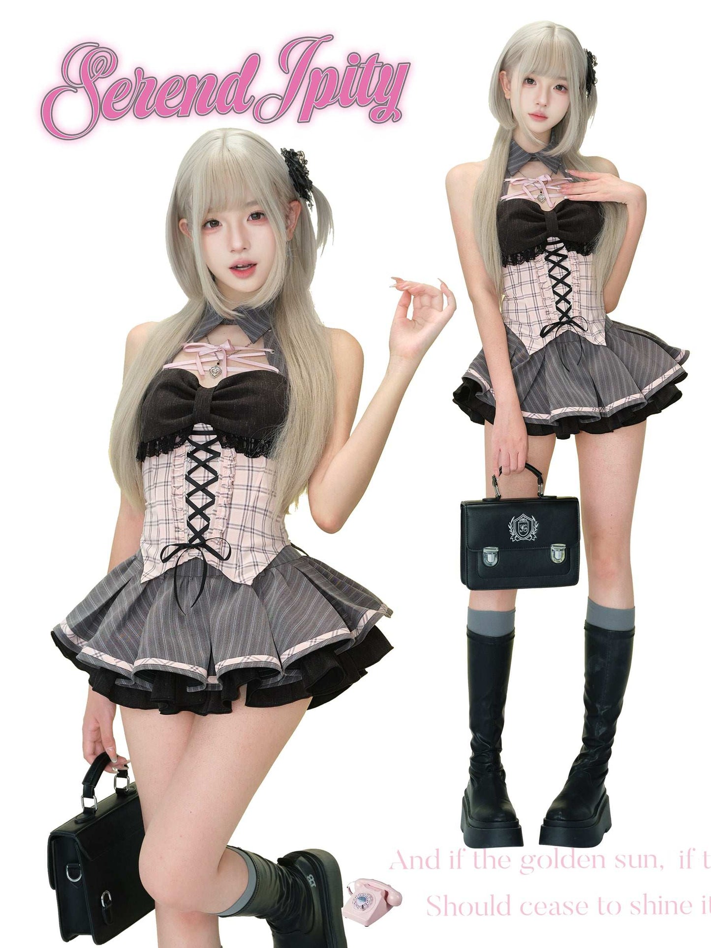 Person wearing a black and gray checkered outfit with a bow, holding a black handbag.