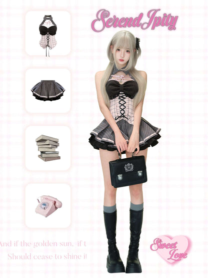 Person wearing a black and pink outfit with accessories