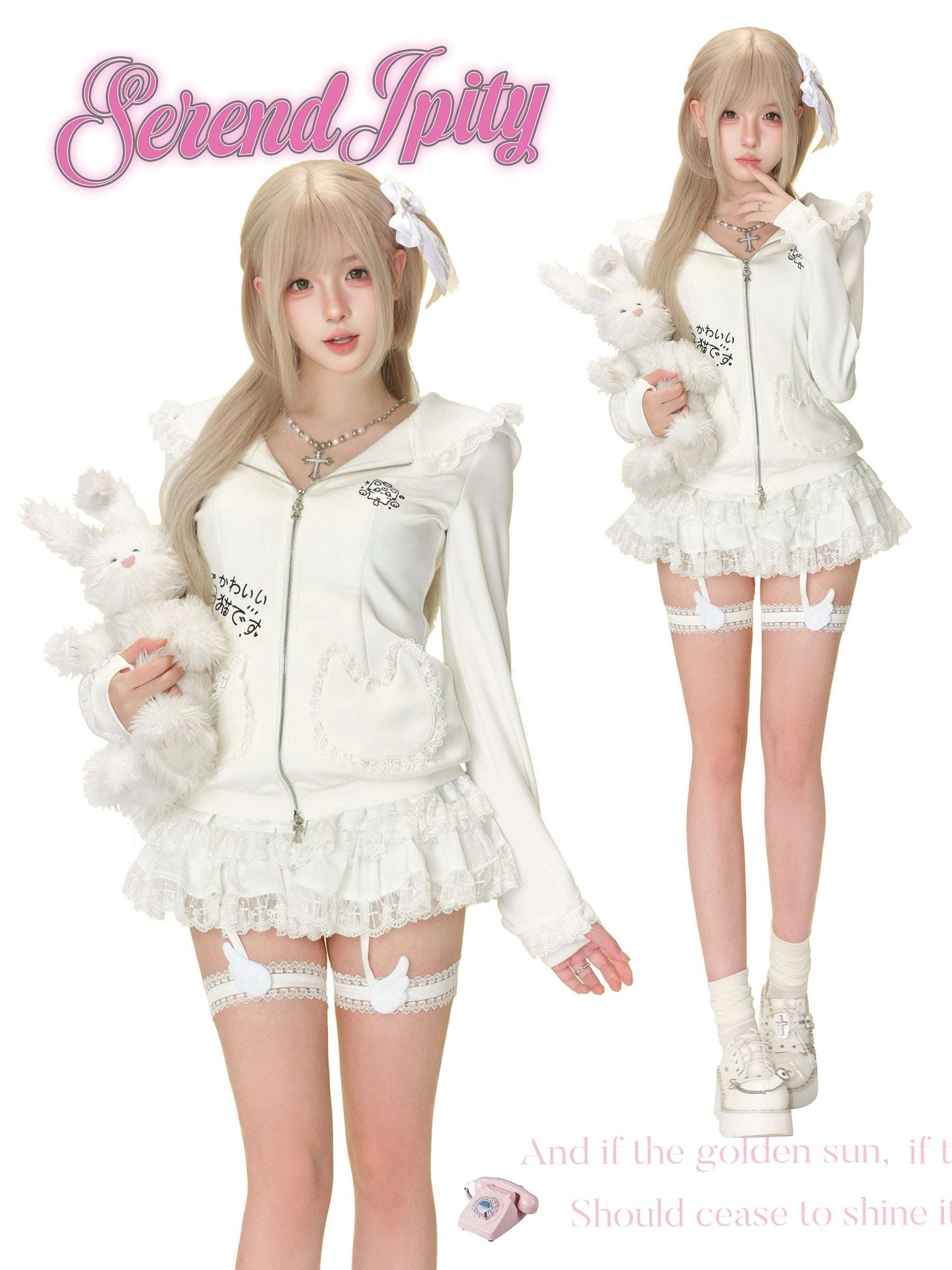 Two people wearing white outfits with lace details, holding plush toys, and posing against a white background.