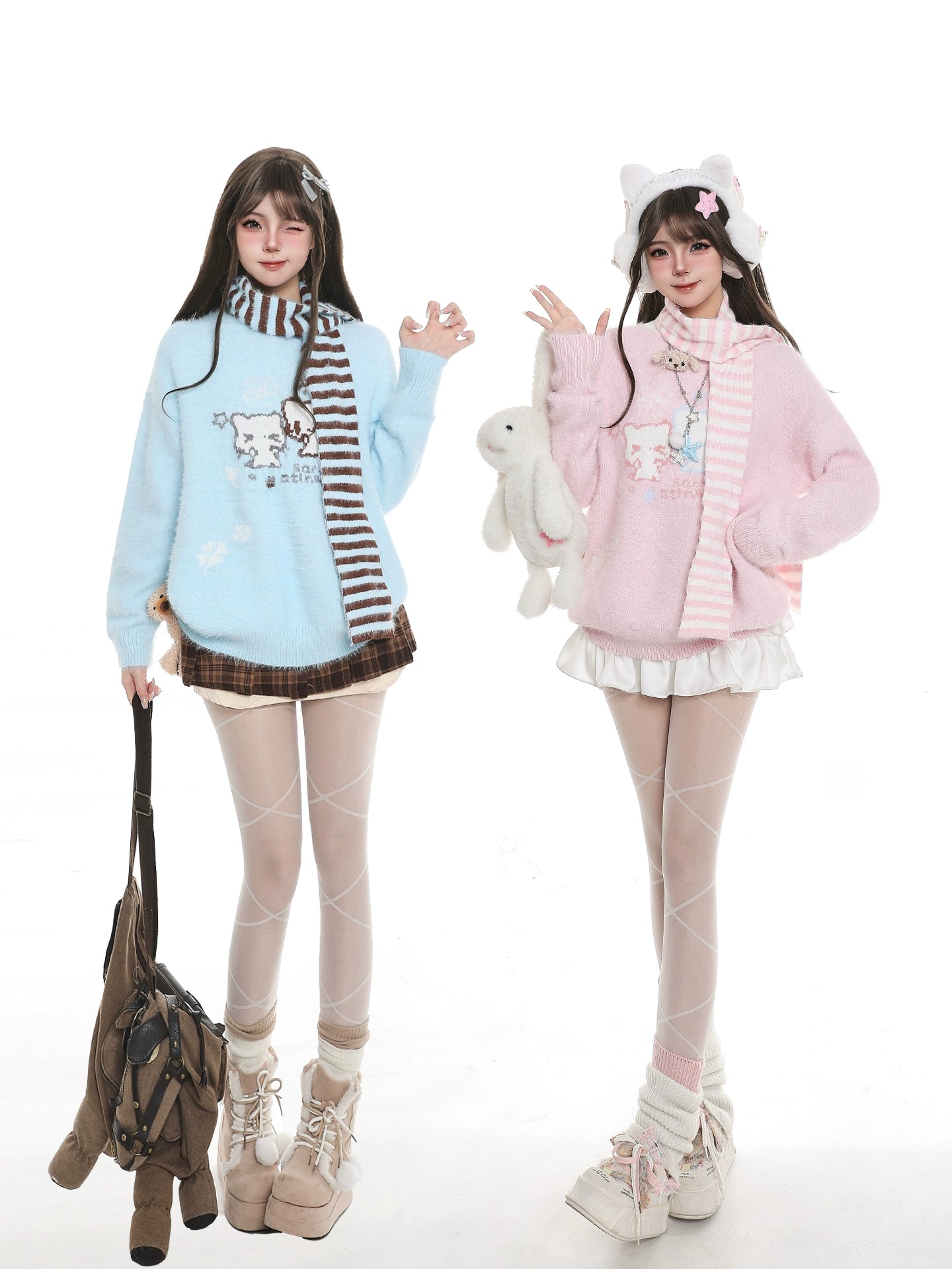 Two people wearing cute outfits with pastel colors and animal-themed accessories on a white background.
