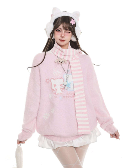 Person wearing a pink sweater with cat ears and a white bow, standing against a white background.