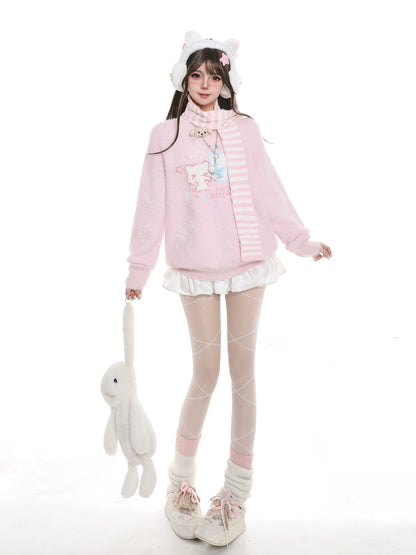Person wearing a pink outfit with a white bunny toy on a white background