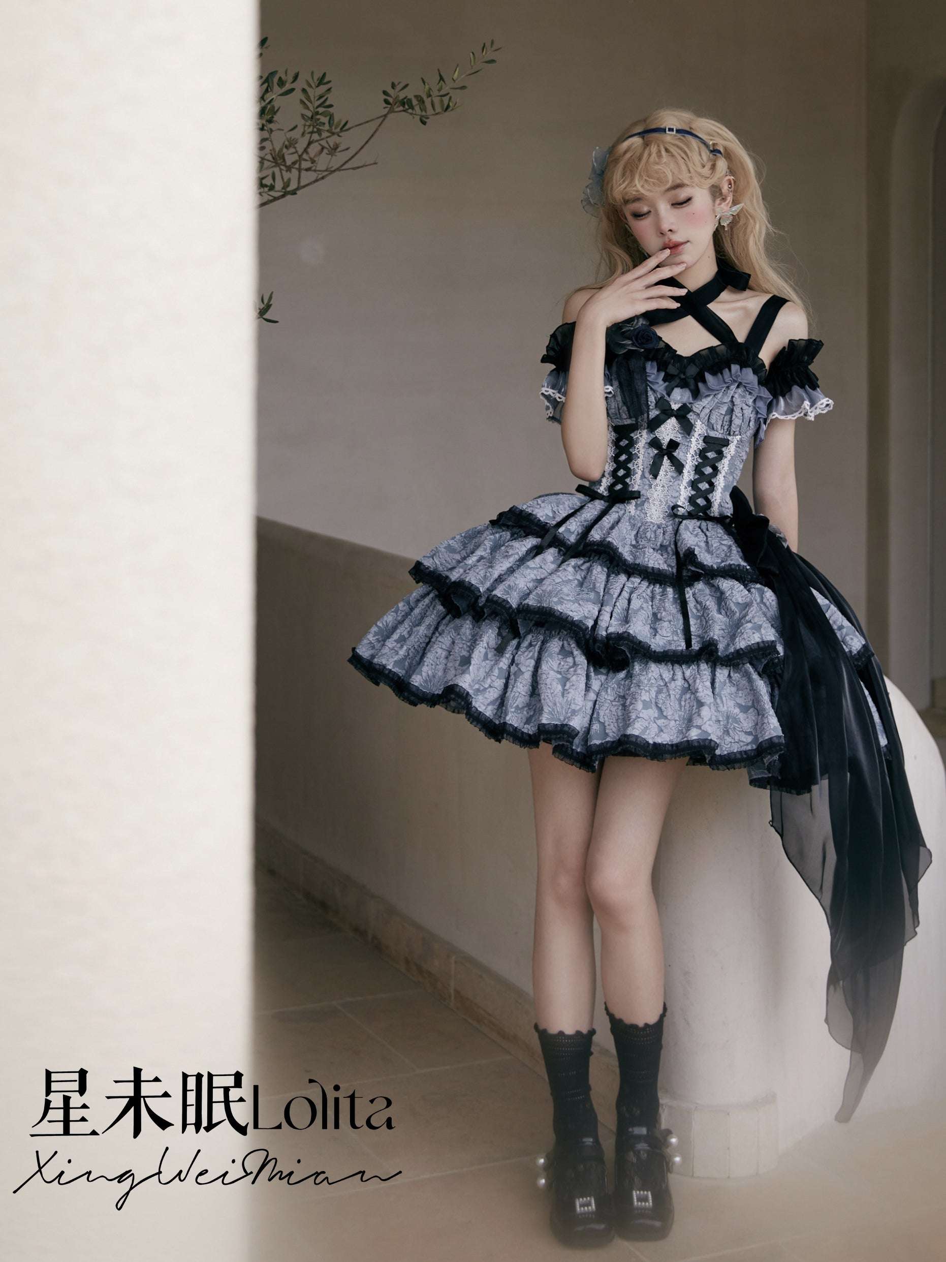 Person wearing a detailed black and white dress with ruffles, standing indoors.