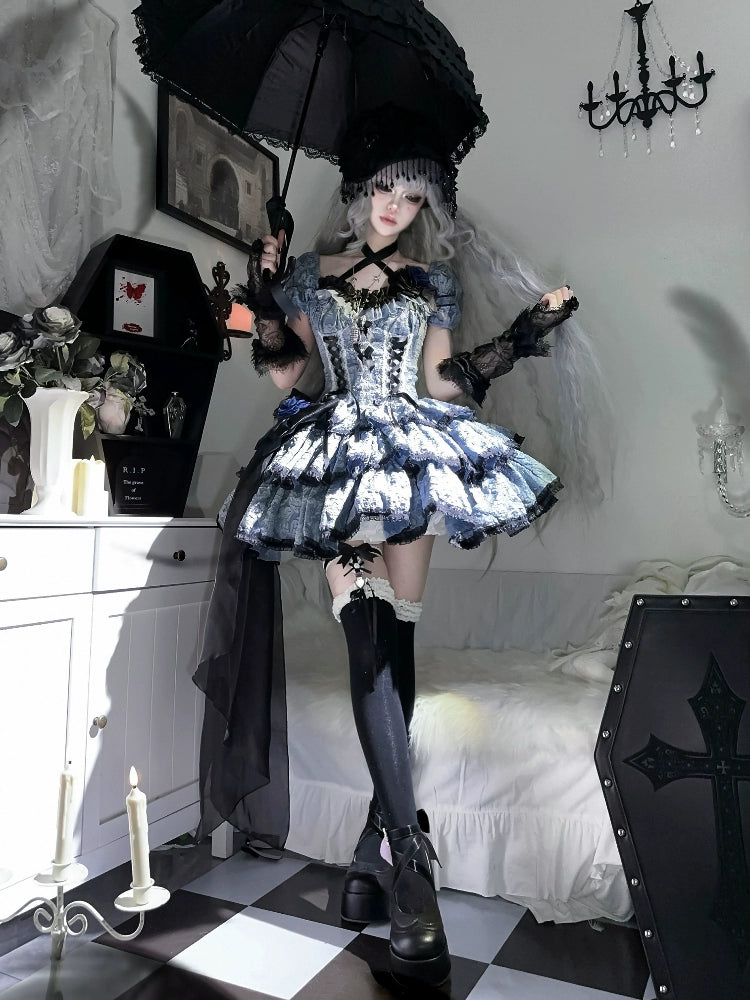 Person in a gothic-style outfit with black umbrella in a decorated room.