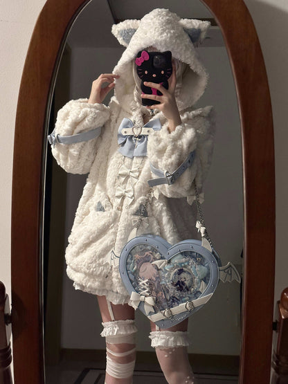 Person wearing a fluffy white costume with a large bow and heart-shaped bag, standing in front of a mirror.
