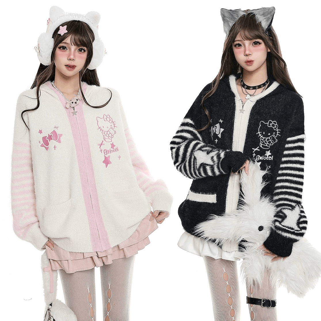 Young Eyes Striped Kitty Cream Pink Black Cat Ears Hooded Jacket