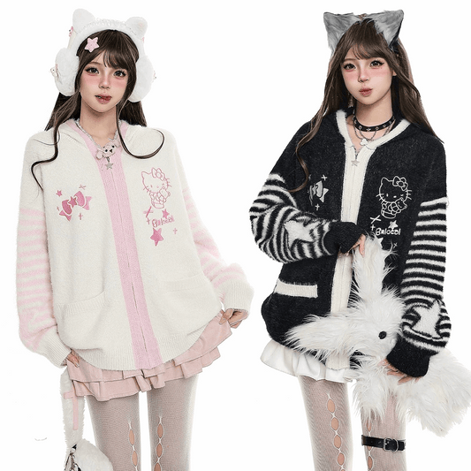 Young Eyes Striped Kitty Cream Pink Black Cat Ears Hooded Jacket