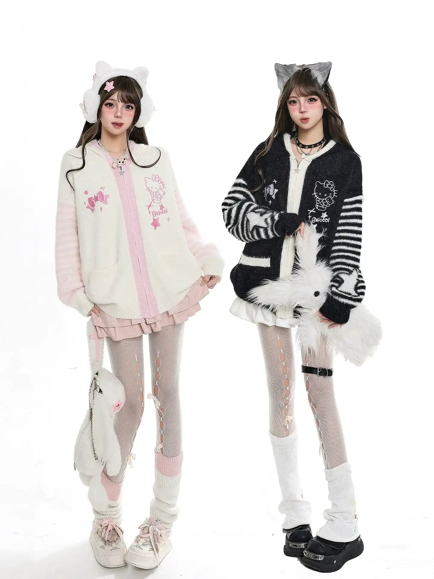 Two people wearing cute, character-themed outfits with accessories on a white background
